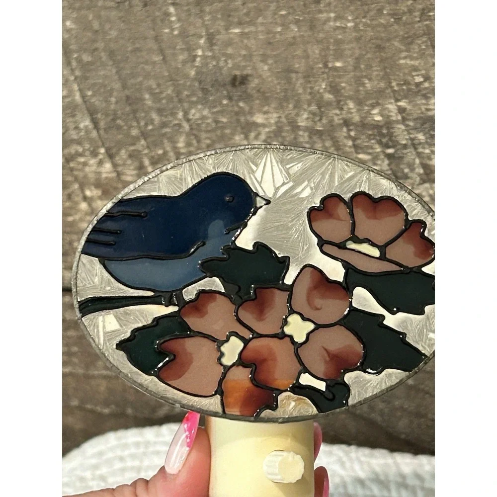 Stained Glass Blue Bird‎ And Flowers Plug-In Nightlight Tested VTG